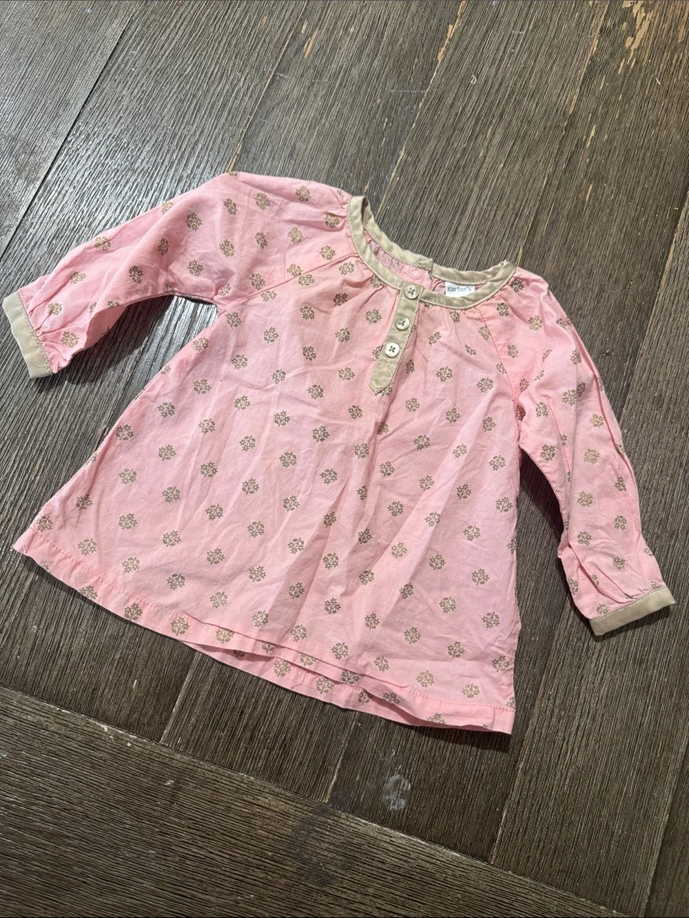 Carter’s Pink Long Sleeve Tunic Top 9M Gold Floral Print Baby Girl